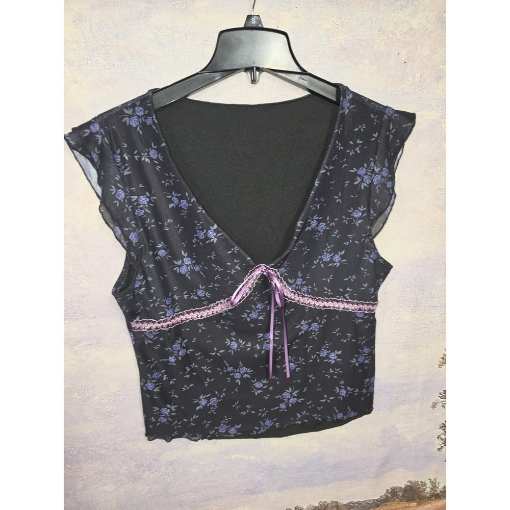 Goth Floral Mesh Top V-Neck Tie Front Cap Sleeve Purple Pink Lace Size XL